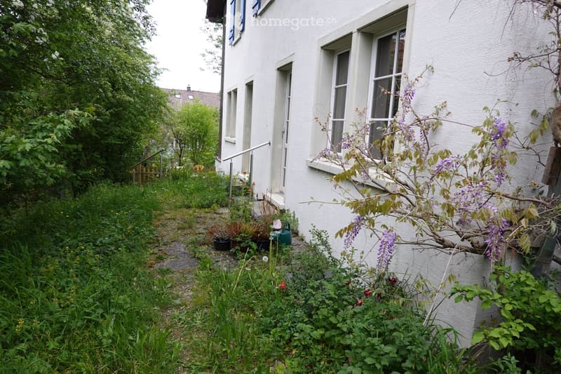 A garden area next to a white building with multiple windows, featuring various plants, flowers, and a small pathway leading to the entrance.