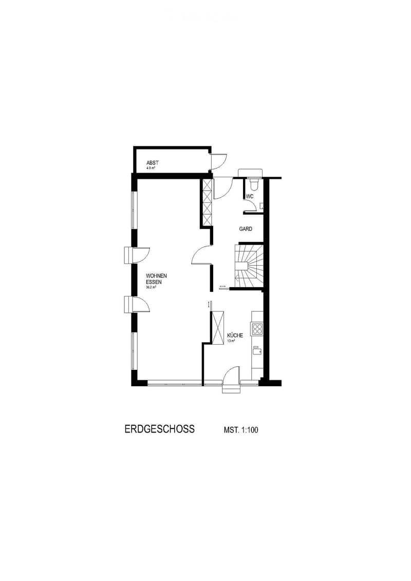Ground floor layout showing living/dining area, kitchen, bathroom, and garden.