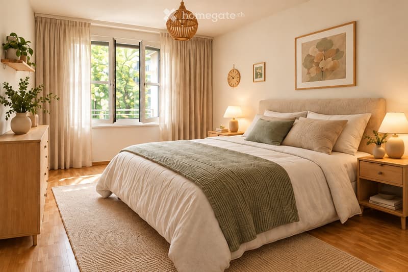 Cozy bedroom with a large bed, nightstands, lamps, a wooden dresser, and decorative plants. The room features large windows with curtains and a woven hanging light fixture.