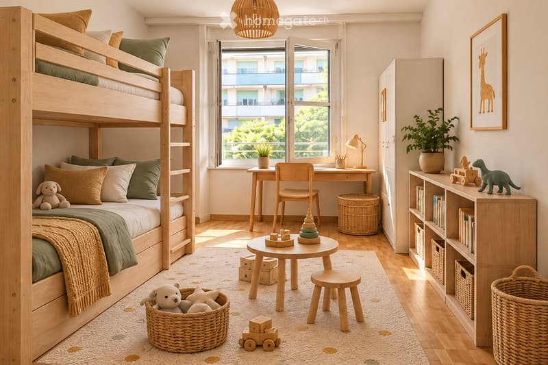 Bright, modern children's bedroom with a wooden bunk bed, desk area, small round table, and various toys and books.