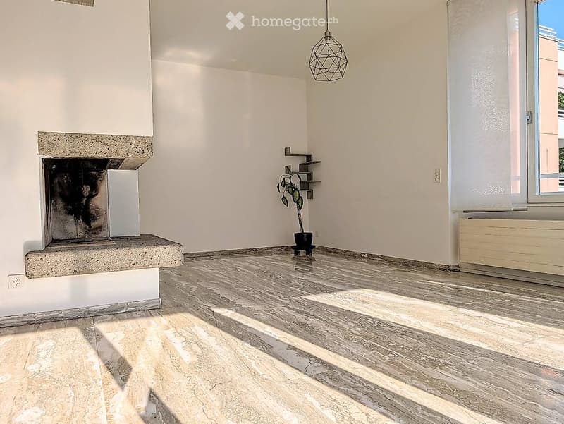 Empty room with light-colored walls, polished wooden floor, fireplace, and a small potted plant near a window.