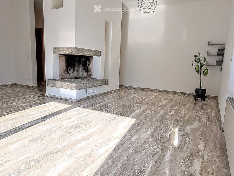Empty room with polished marble flooring, white walls, and a built-in stone fireplace. A small potted plant sits near a wall-mounted shelf.