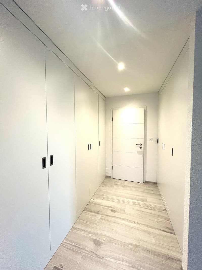 Modern hallway with light wooden flooring, white walls, built-in white cabinets, and a closed white door at the end.
