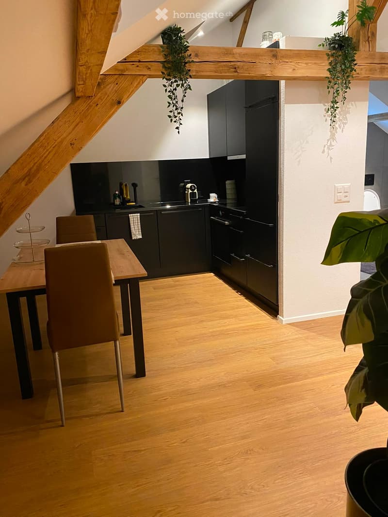Modern kitchen with dark cabinets, wooden floor, dining table with chairs, and hanging plants.