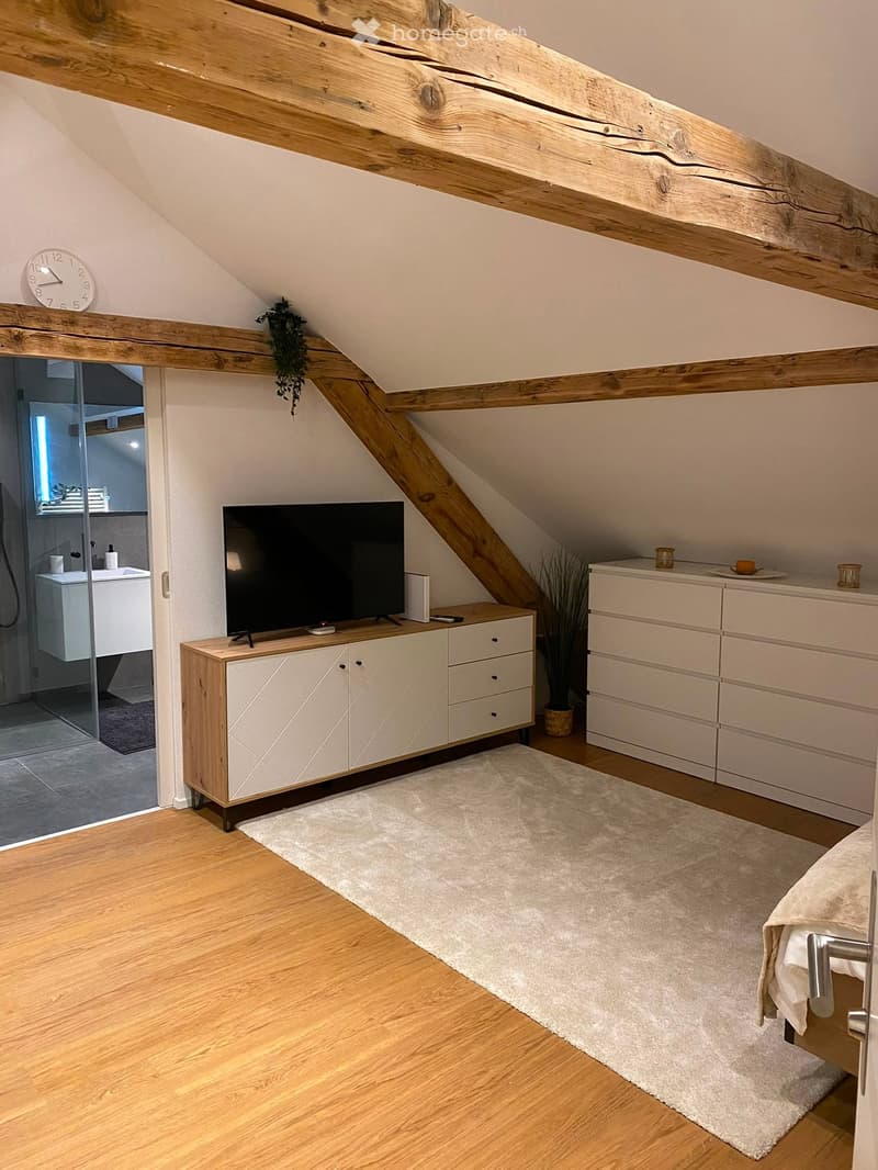 Cozy attic bedroom with wooden beams, television on a cabinet, drawer unit, and a small bathroom visible through an open doorway.
