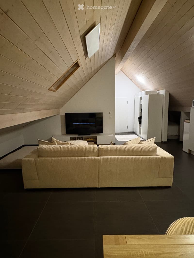 Modern living room with a sectional sofa, coffee table, television, and a wooden chair, featuring dark flooring and a slanted wooden ceiling.