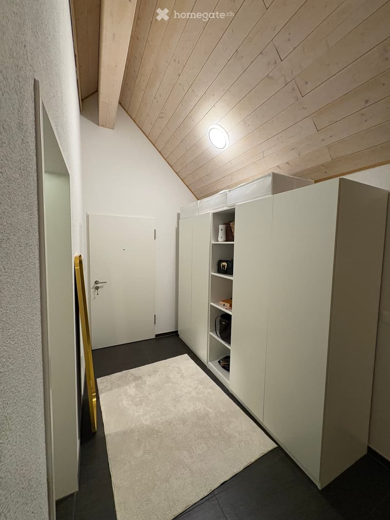 Modern hallway with white walls, dark tiled floor, built-in white storage unit with shelves, and a small round ceiling light.