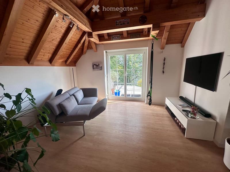 Modern living room with wooden floors, exposed wooden beams, grey sofa, coffee table, TV, and large window leading to a balcony.