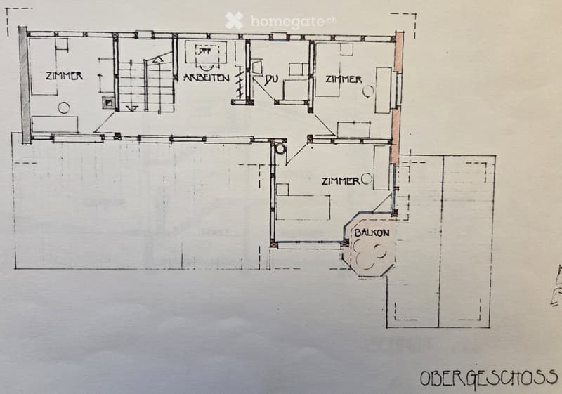 Floor plan of an upper floor showing four bedrooms, a bathroom, a balcony, and an office area.