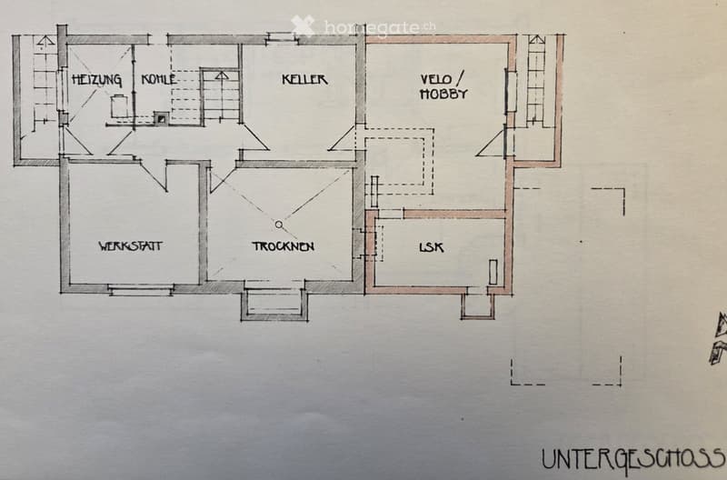 Floor plan of a basement level showing labeled rooms including Werkstatt, Trocknen, LSK, Keller, Heizung, Kohle, and Velo/Hobby.