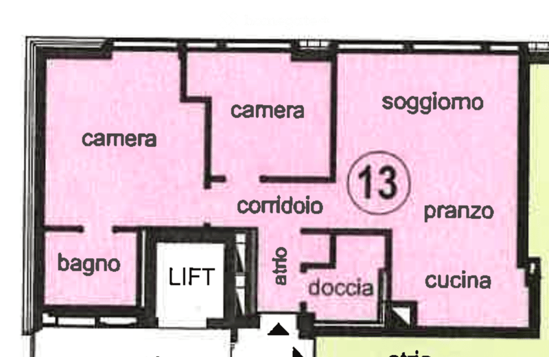 Floor plan showing a layout with three bedrooms, a living room, a dining area, a kitchen, a bathroom, a hallway, and an elevator.