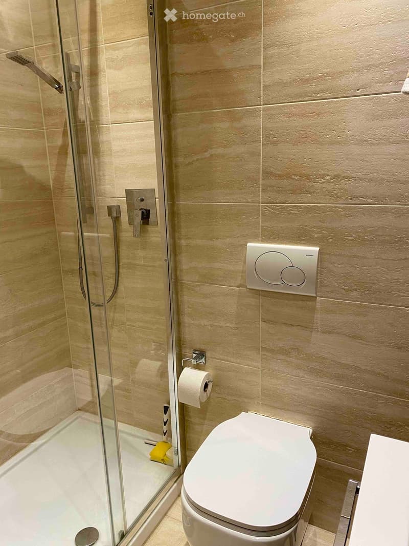 Modern bathroom with a glass-enclosed shower, toilet, and toilet paper holder. Beige tiled walls and floor.