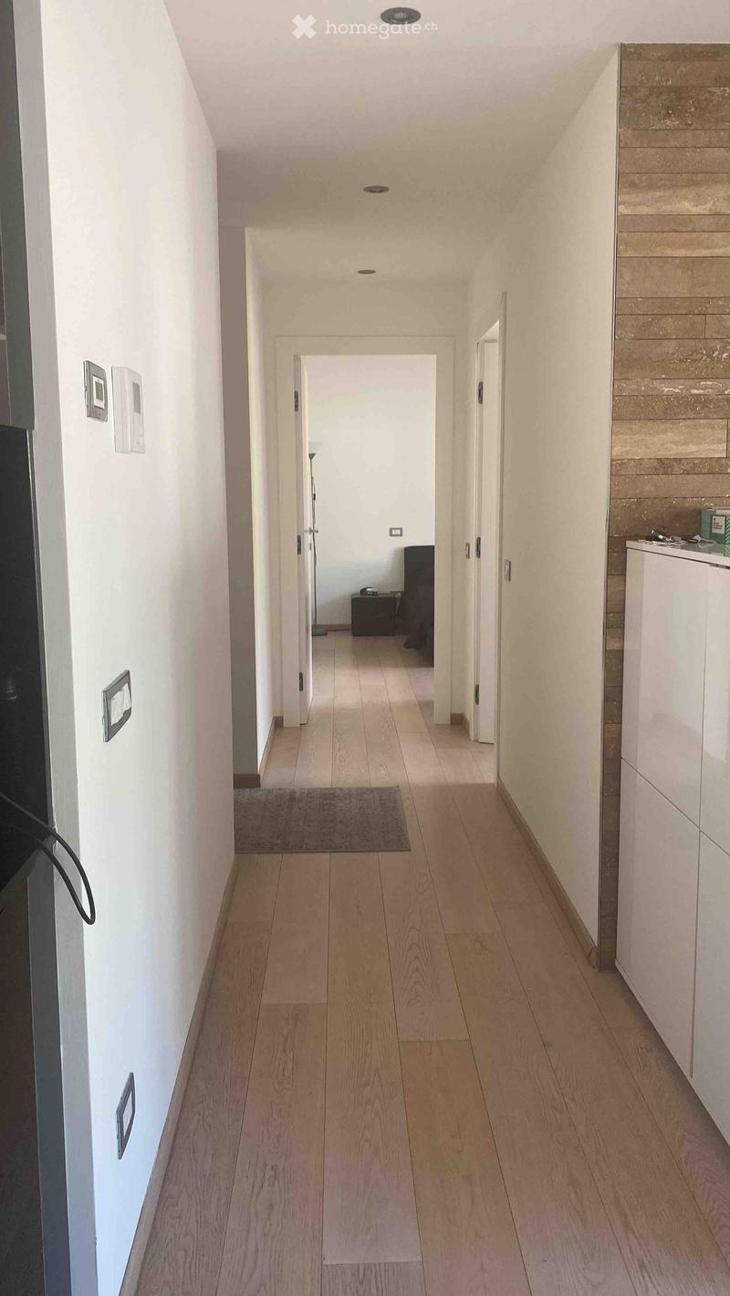 A clean, modern hallway with light wooden flooring, white walls, and recessed ceiling lighting. A small rug is placed in the center, and several doors lead to adjacent rooms.