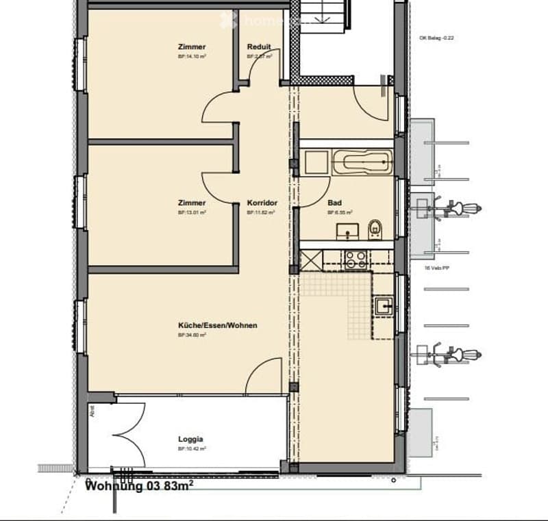 Floor plan of a 83.3 m² apartment featuring a kitchen/dining/living area, two bedrooms, a bathroom, a hallway, and a loggia.