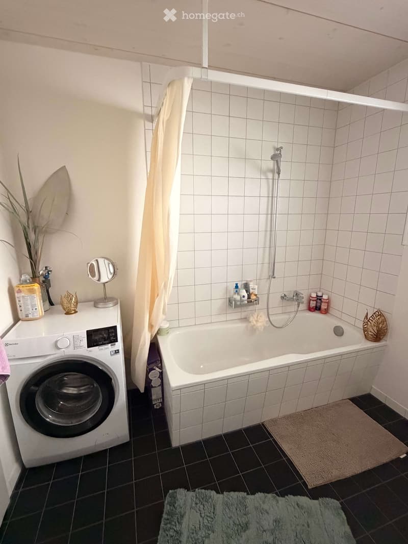 Bathroom with a bathtub, shower, washing machine, mirror, and decorative items.