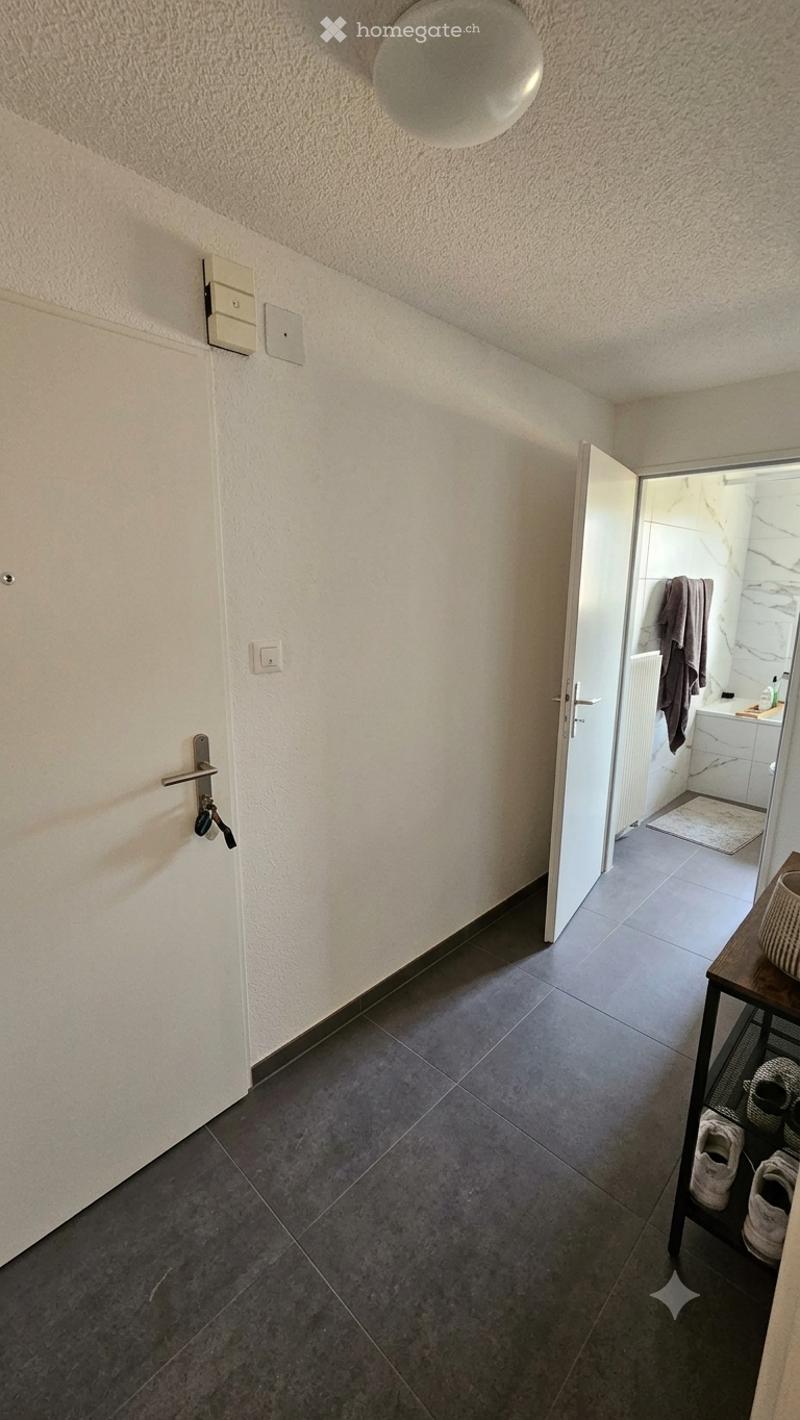 A modern hallway with grey tiled flooring, white walls, and a round ceiling light. An open door leads to a bathroom with marble walls and a towel visible.