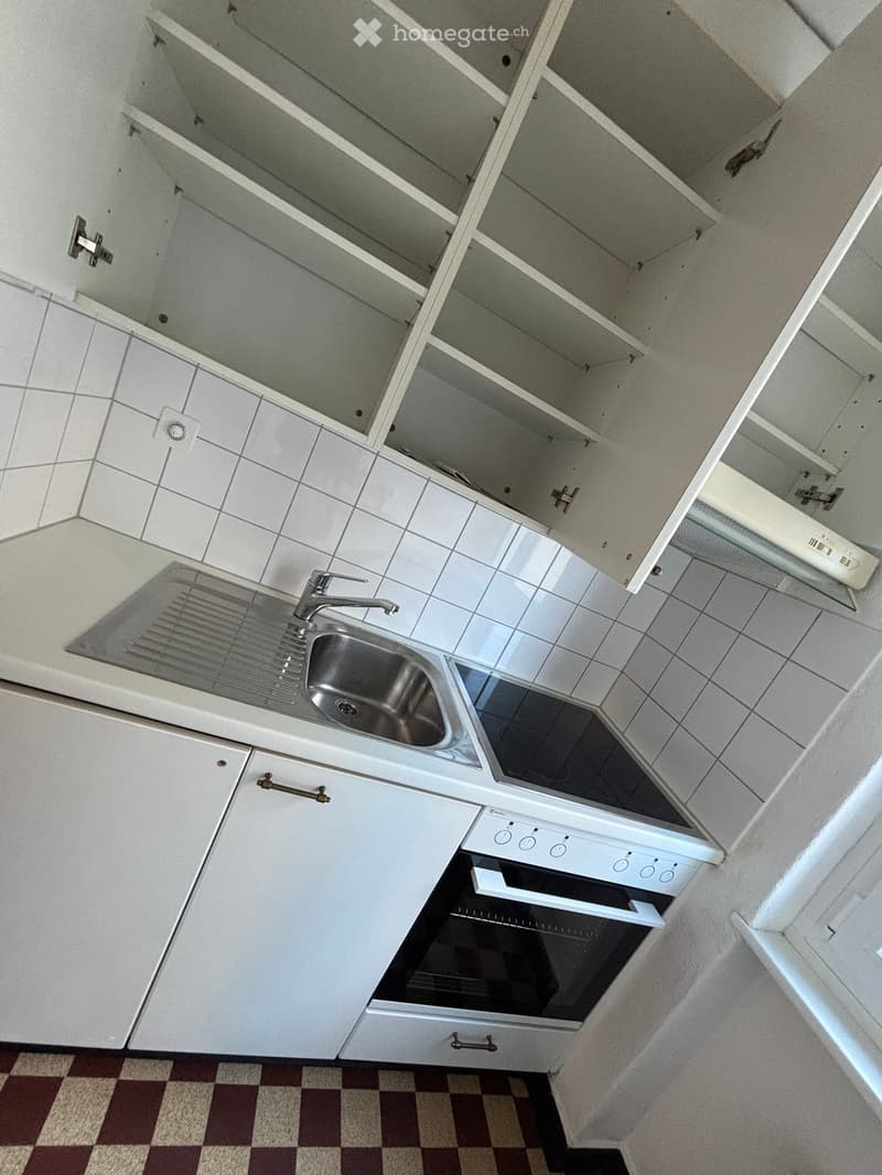 Empty kitchen with white cabinets, a stainless steel sink, and an oven. The cabinets are open, revealing empty shelves.