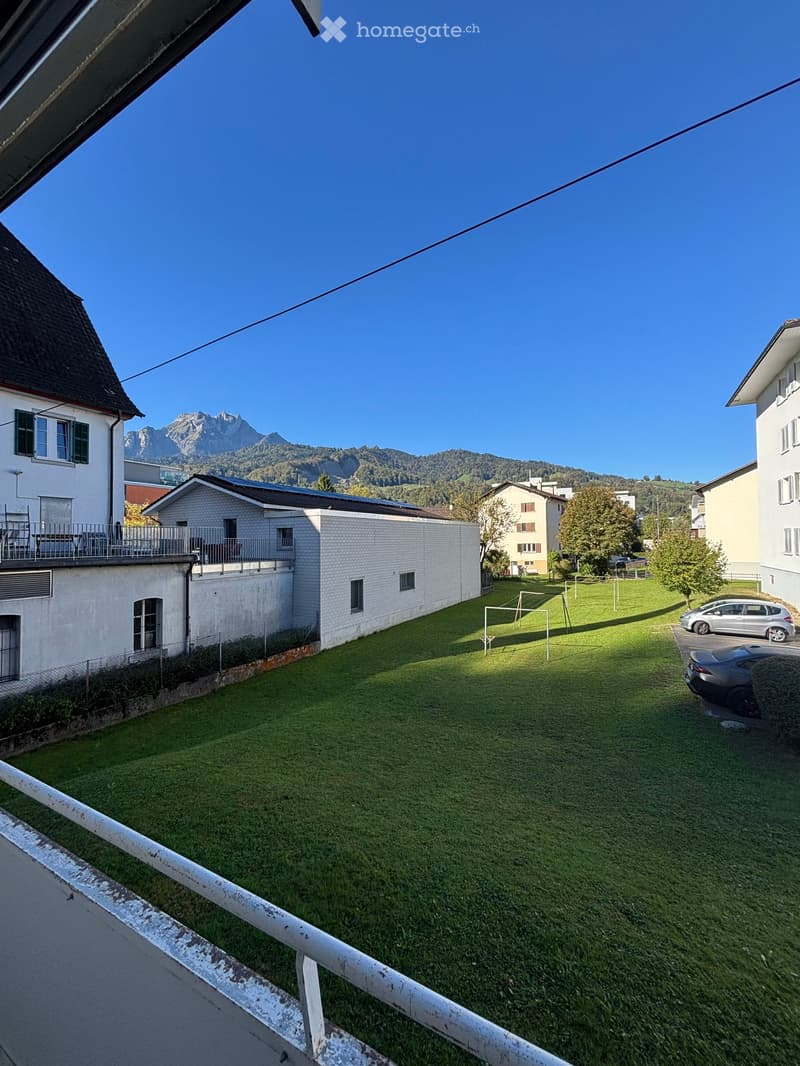 A grassy outdoor area with a view of surrounding houses and mountains, featuring a small goalpost and parked cars nearby.