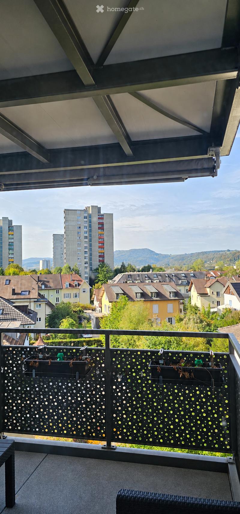 Balcony with modern railing, potted plants, and outdoor furniture overlooking a cityscape with residential buildings and distant mountains.