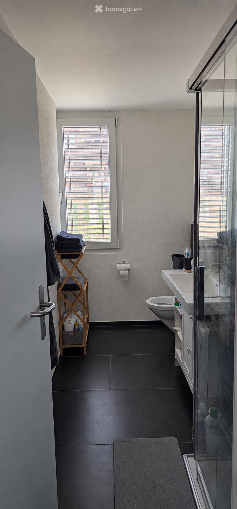 Modern bathroom with dark tiled floor, white sink, toilet, towel rack, and a glass shower enclosure. The room features a window with blinds and a small wooden shelf holding towels and toiletries.