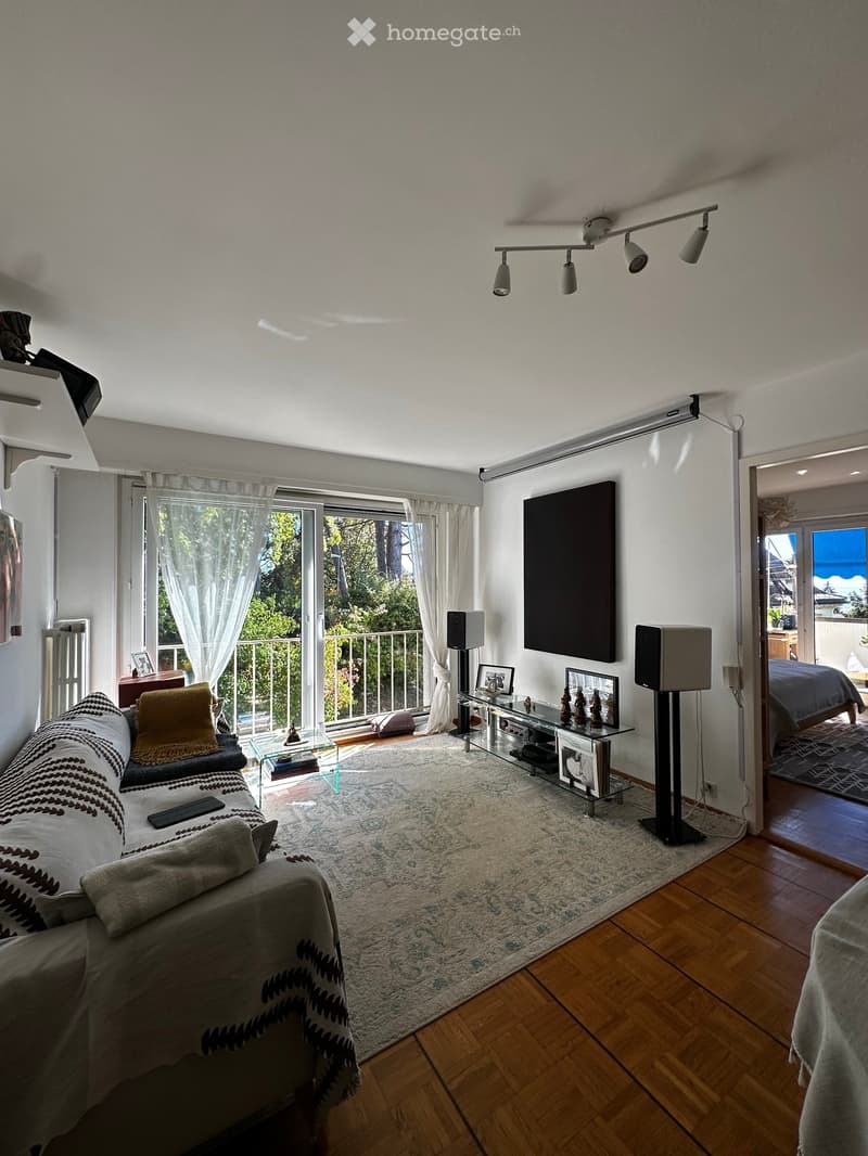 Modern living room with wooden flooring, large windows, a sofa, coffee table, TV stand, speakers, and a view of a balcony.