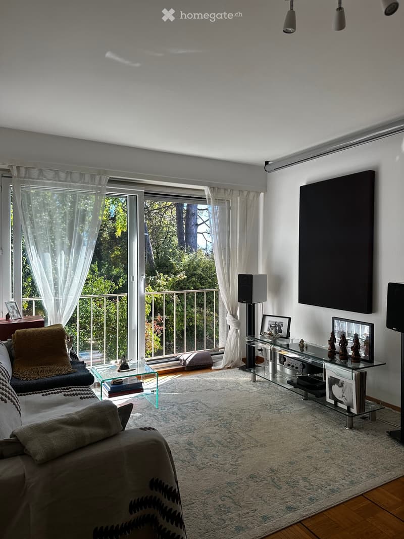 Modern living room with large windows and balcony access, featuring a sofa, coffee table, glass side table, speaker system, and decorative items.