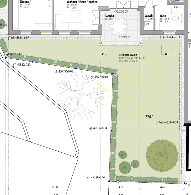 Floor plan showing a residential layout with rooms labeled, including a living/dining/kitchen area, bedroom, office, washroom, and loggia. Outdoor area and garden space are also depicted.