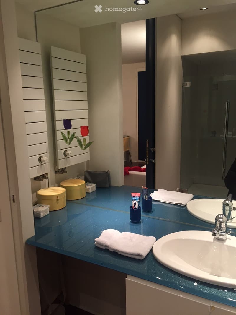 Modern bathroom with blue countertop, white sink, chrome faucet, and a towel placed on the counter. Toilet and mirror are visible, along with decorative items and toiletries.