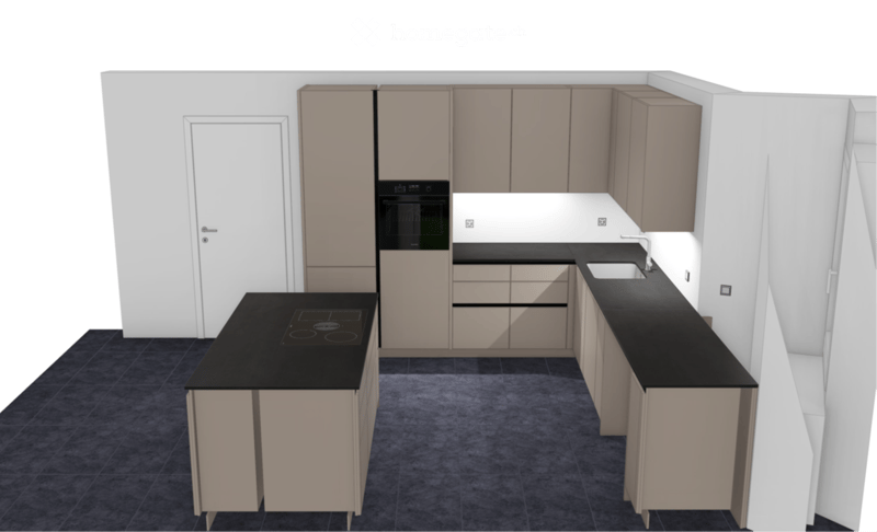Modern kitchen with light-colored cabinets, black countertops, an induction cooktop, a sink with a faucet, and an oven.