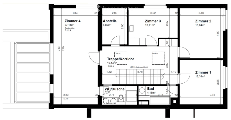Floor plan showing four bedrooms, a bathroom, a WC/shower, a staircase/corridor, and a storage area.