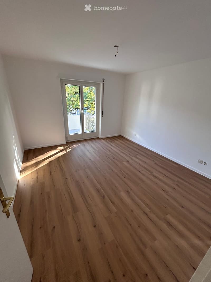 Empty room with light wooden flooring, white walls, and a sliding glass door leading outside.