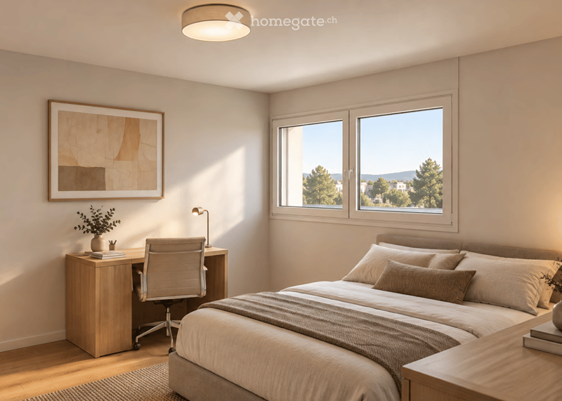 Modern bedroom with a large bed, wooden desk, chair, lamp, and a view through large windows.