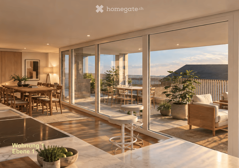 Floor plan of a modern apartment on the first level, featuring a kitchen, dining area, and living space with large glass doors opening to a balcony or terrace with outdoor furniture and plants.