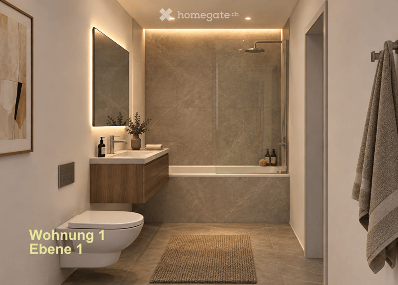Modern bathroom with a sleek sink, mirror, toilet, bathtub, and a towel hanging on the wall. The space features warm lighting and a small plant on the sink counter.