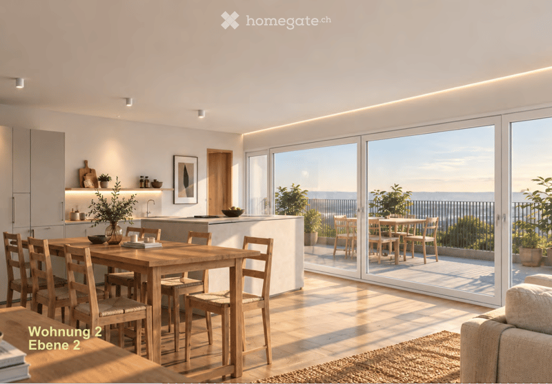 Bright, modern kitchen and dining area with large windows offering a scenic view. Features a wooden dining table with chairs, a kitchen island, built-in cabinets, and a cozy sofa near the window.