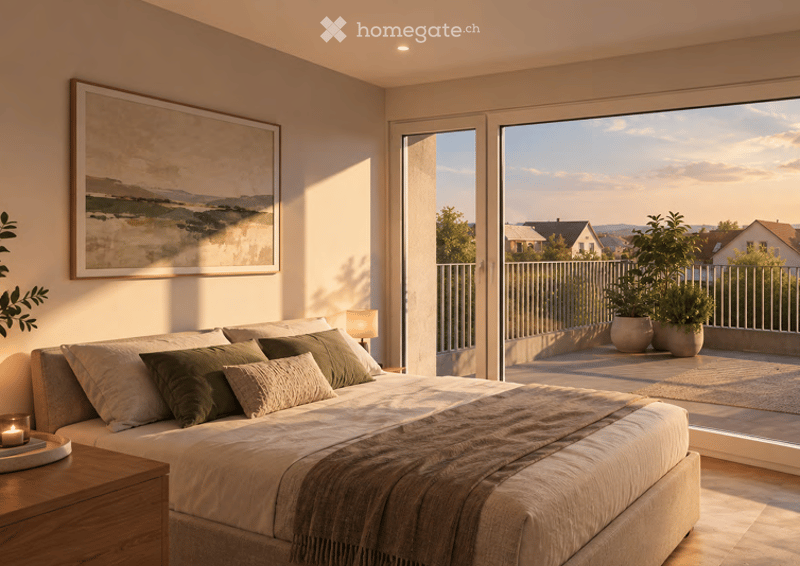 Modern bedroom with a large bed, nightstand, lamp, picture frame, and candle. Large windows open to a balcony with a view of the neighborhood and potted plants.