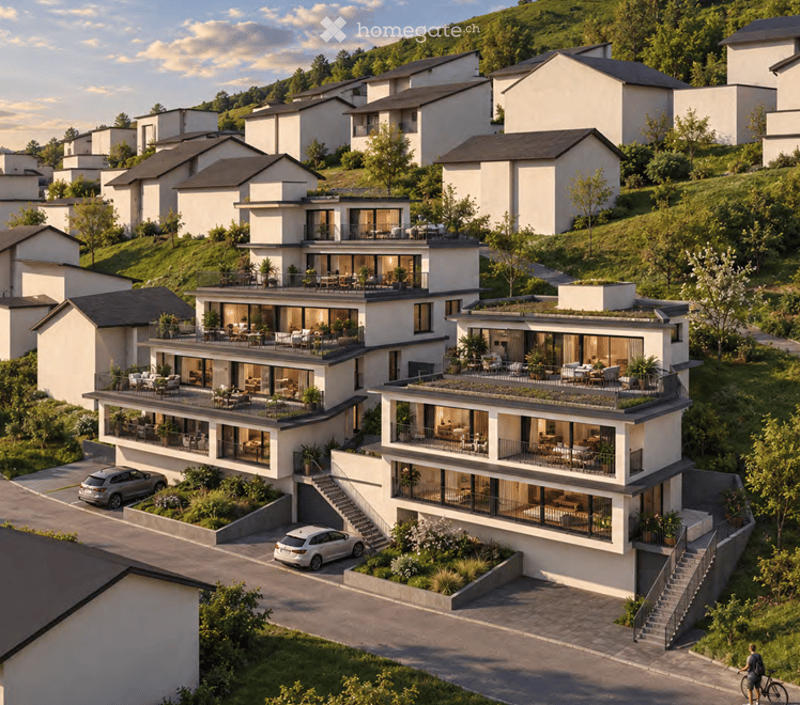 Aerial view of a modern residential complex with multiple two-story houses, balconies, and rooftop terraces, surrounded by greenery and parked cars.
