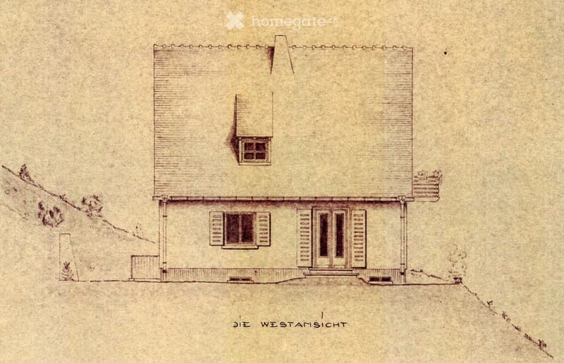 A two-story house with a flat roof, multiple windows, and a small raised section on the left side.