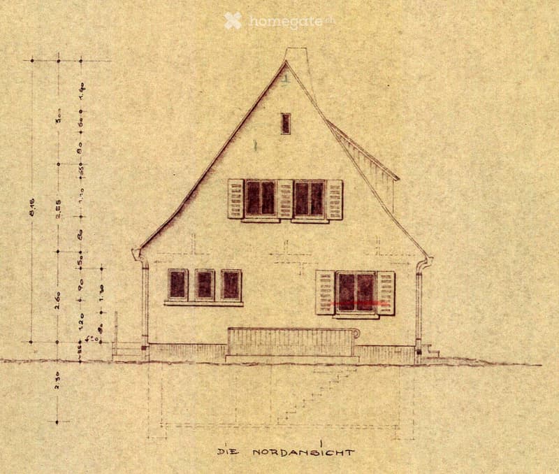 Architectural floor plan of a house showing a north-facing elevation with windows, a raised ground floor, and detailed measurements.