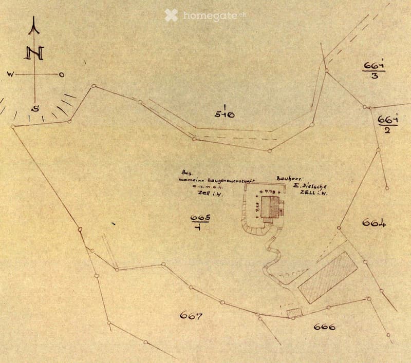 Hand-drawn floor plan of a building, showing labeled rooms and measurements, with directional compass at the top.