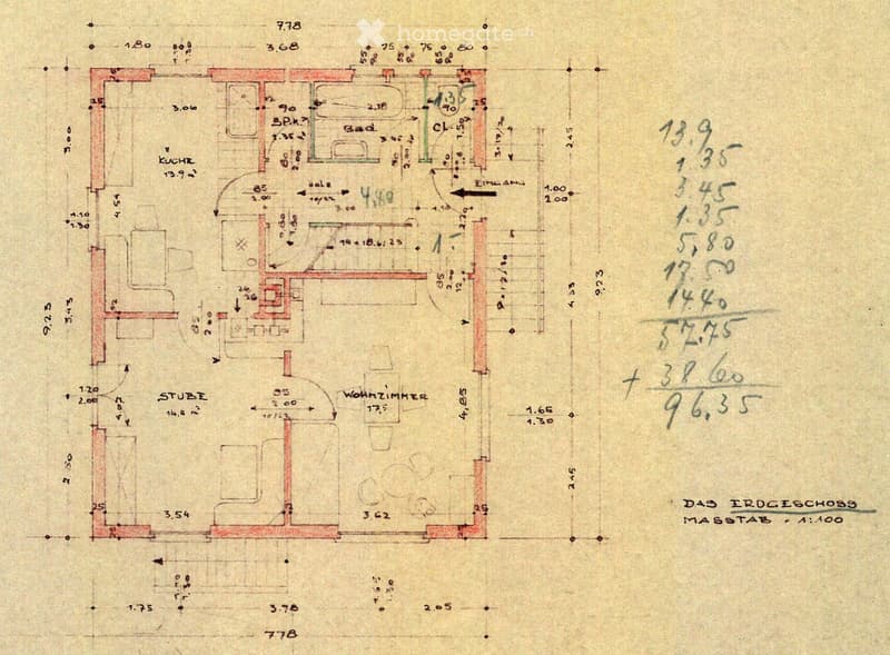 Floor plan of a house with labeled rooms including kitchen, living room, bedroom, and bathroom. Dimensions and measurements are marked throughout.