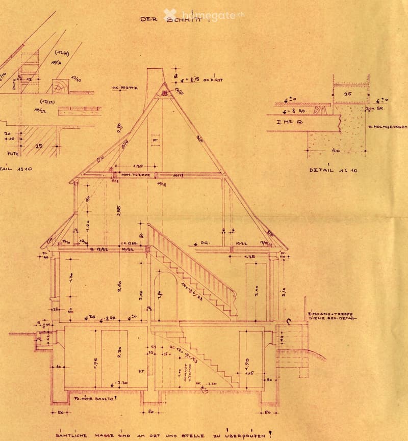Architectural floor plan showing detailed measurements and structural elements, including roof, staircase, and various labeled dimensions.