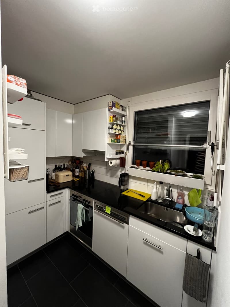 Modern kitchen with white cabinets, black countertops, stainless steel appliances, and various kitchen items on the counter and shelves.