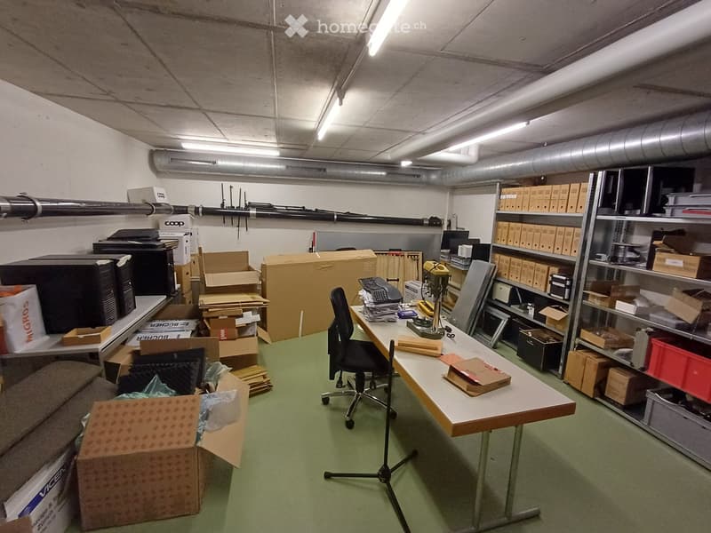 Office space with a desk, chair, shelves filled with boxes, and various office equipment.