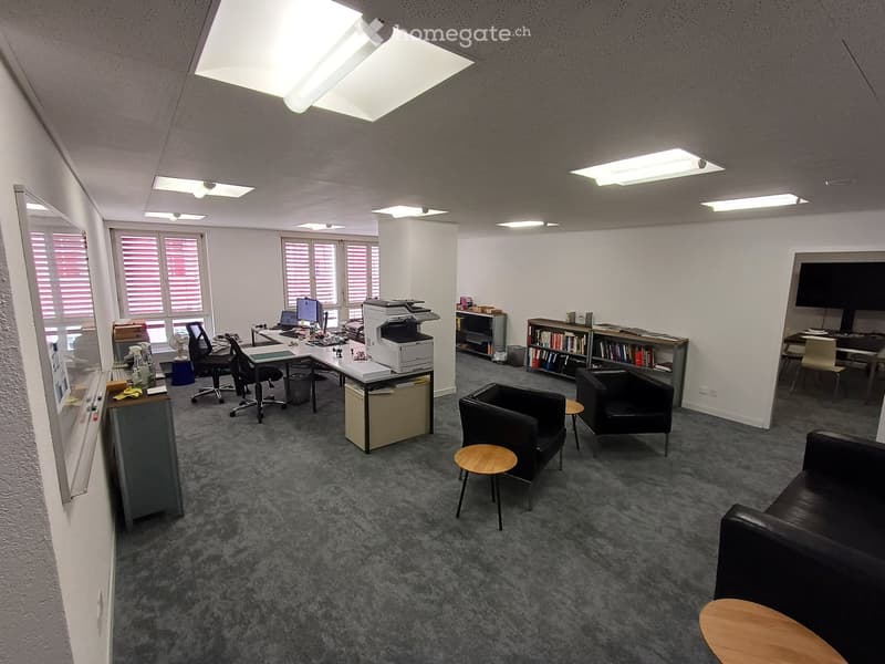 Office space with desks, chairs, a printer, a bookshelf, and a seating area with sofas and a small table.