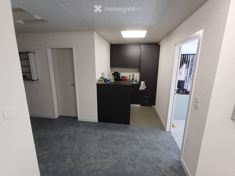 A narrow hallway with grey carpeting, white walls, and a small kitchenette area visible to the right. The kitchenette includes a counter, cabinets, and various small appliances.