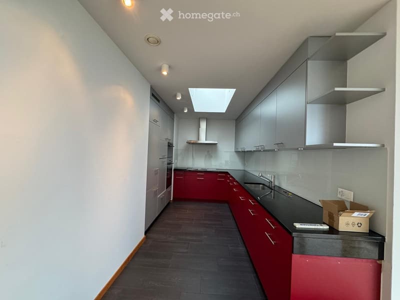 Modern kitchen with red lower cabinets, grey upper cabinets, dark countertop, and stainless steel sink and faucet.