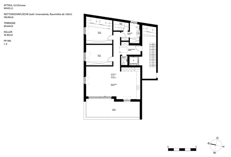 Floor plan of a 3.5-room apartment with a living/dining area, kitchen, two bedrooms, two bathrooms, and a terrace.