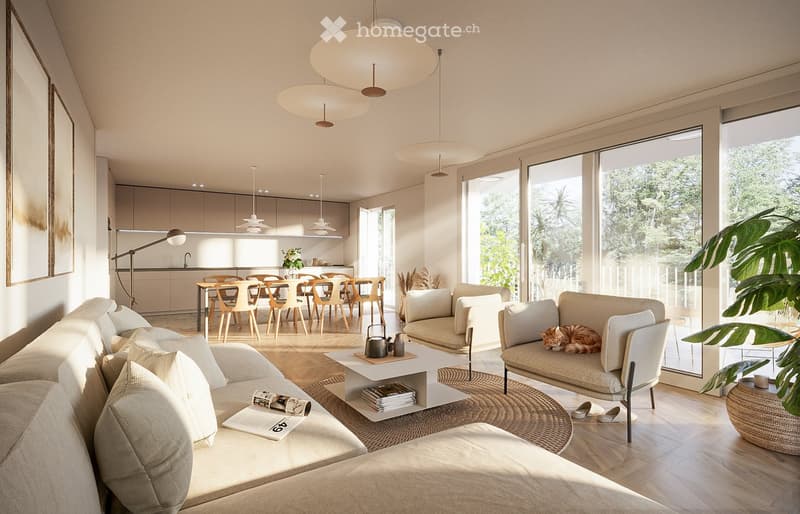 Modern living room with a large sectional sofa, coffee table, dining area with chairs and table, pendant lights, and a cat resting on an armchair. Large windows provide natural light, and a plant adds a touch of greenery.