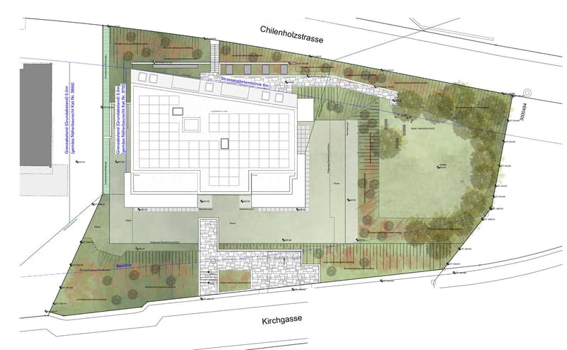 Floor plan of a property showing layout with labeled areas, boundaries, and measurements. Includes sections labeled 'Verkehrung 2', 'Verkehrung 3', 'Rasen', and 'Baulinie'.